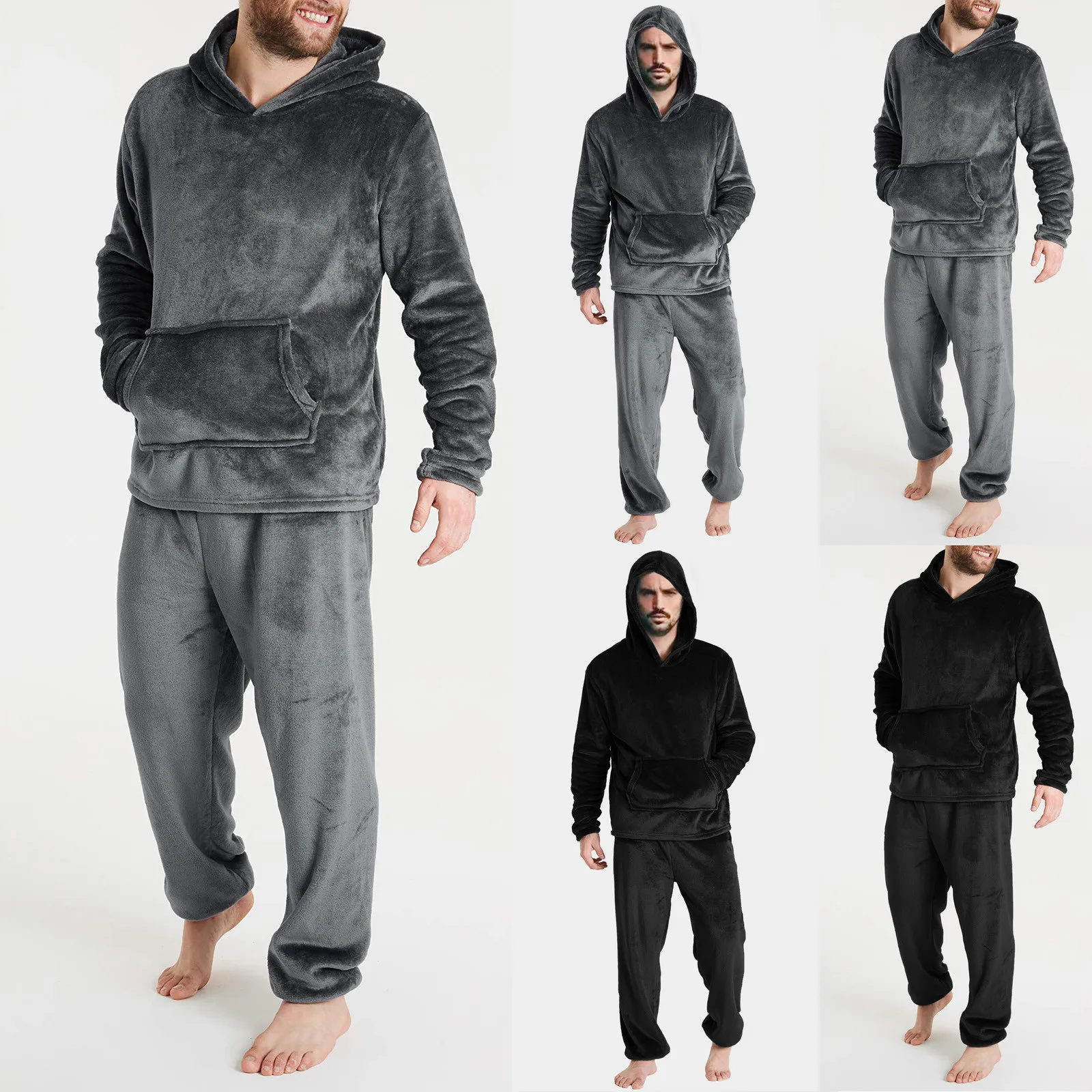 Mens Four Seasons Fashion Leisure Nightwear Soft Home Solid Color Shirt Pants Pajama Set Home Service Two Piece Set Fleece Warm