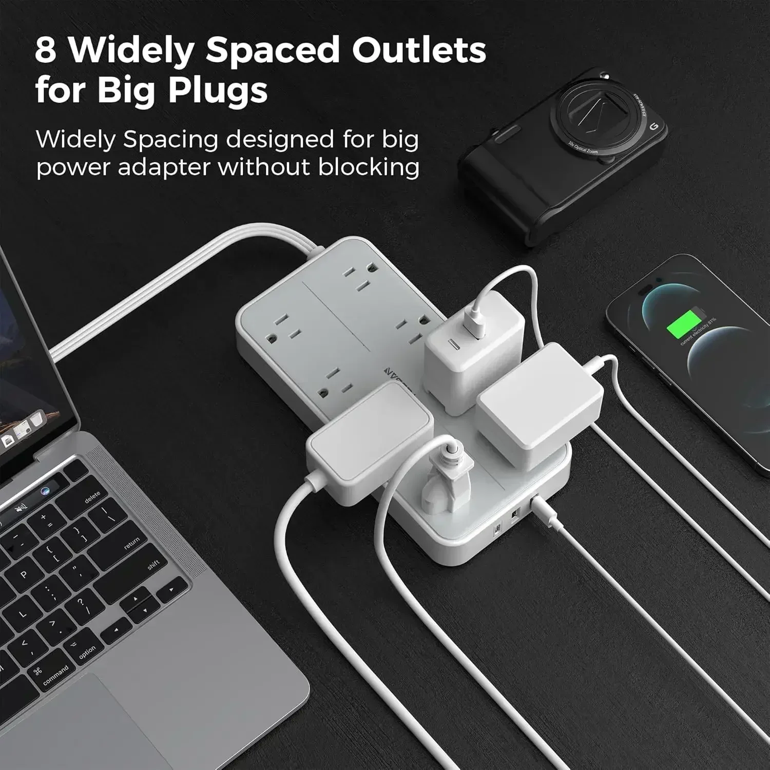 TESSAN Electrical Extension Flat Plug Type C Multi-Plug Strap Multi-Plug Connector with 8 AC Outlets and 3 USB Ports (1 Type C)