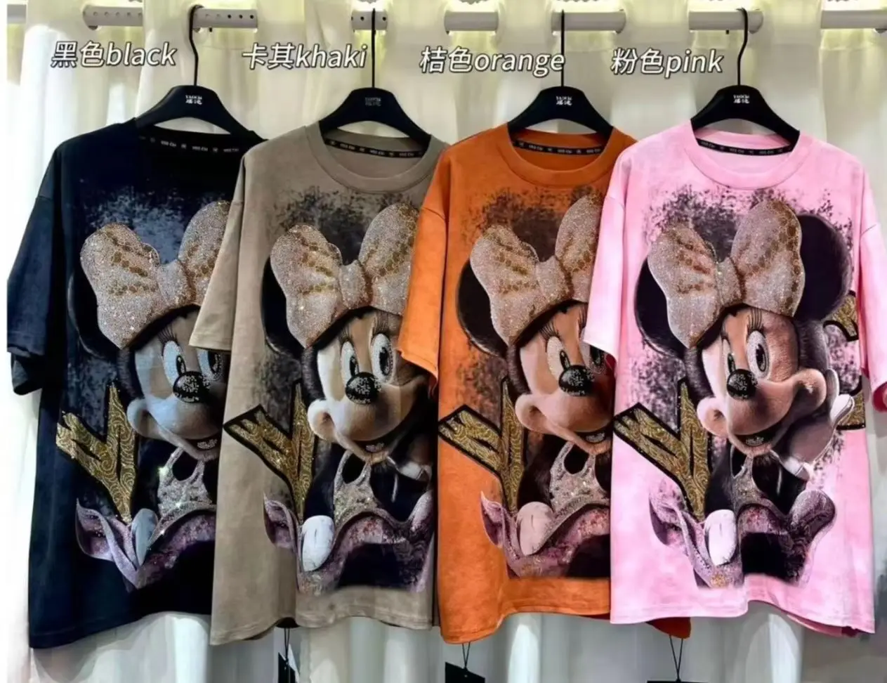 

Женская хлопковая футболка 100% хлопок, новинка 2026 года, весна-лето, оверсайз, с круглым вырезом, пуловер, топ, с декором из стразов в виде Микки, повседневная, с коротким рукавом
