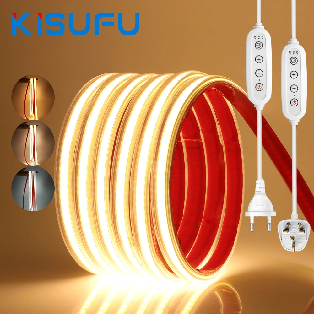 220V 230V COB LED Strip Light With Dimmer Plug High Bright 288LEDs/M Waterproof Flexible Adhesive Neon Tape Outdoor Indoor Decor