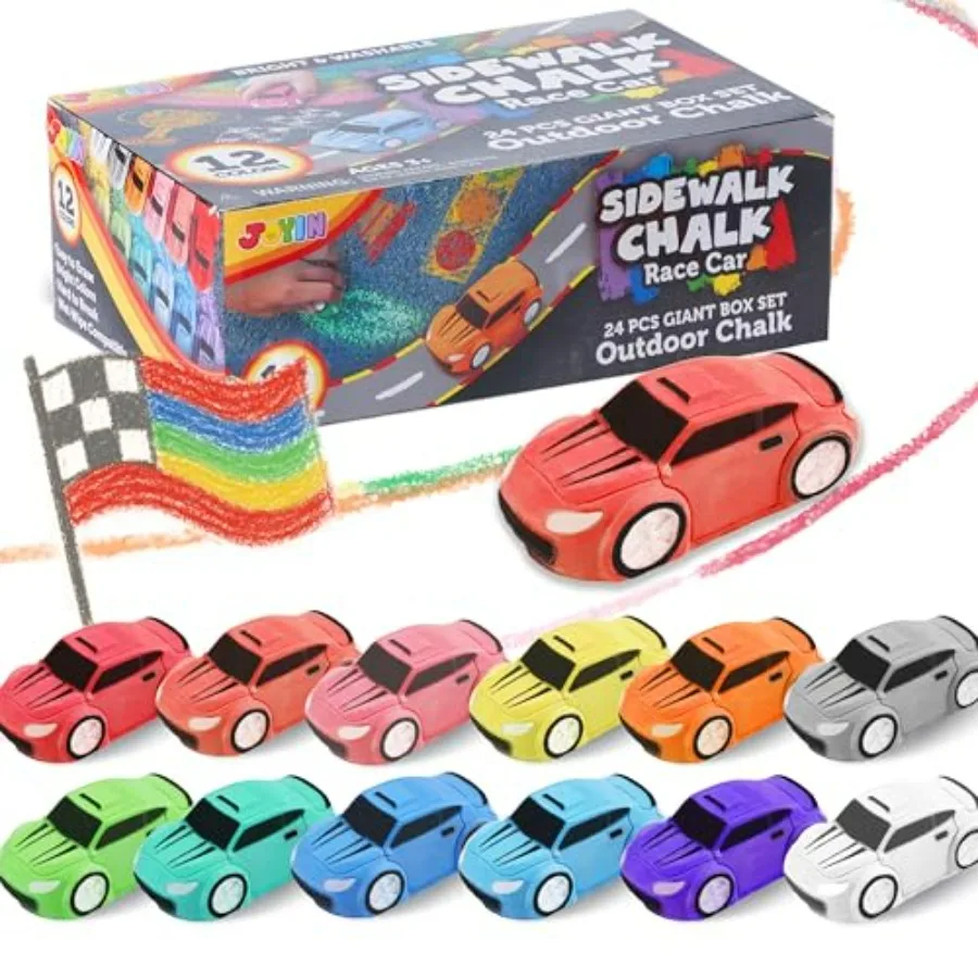 

24PCS Race Car Sidewalk Chalk Bulk Party Favors for Non Toxic Washable Jumbo Chalk Toddler Outdoor Toys Individually Wrapped Bi