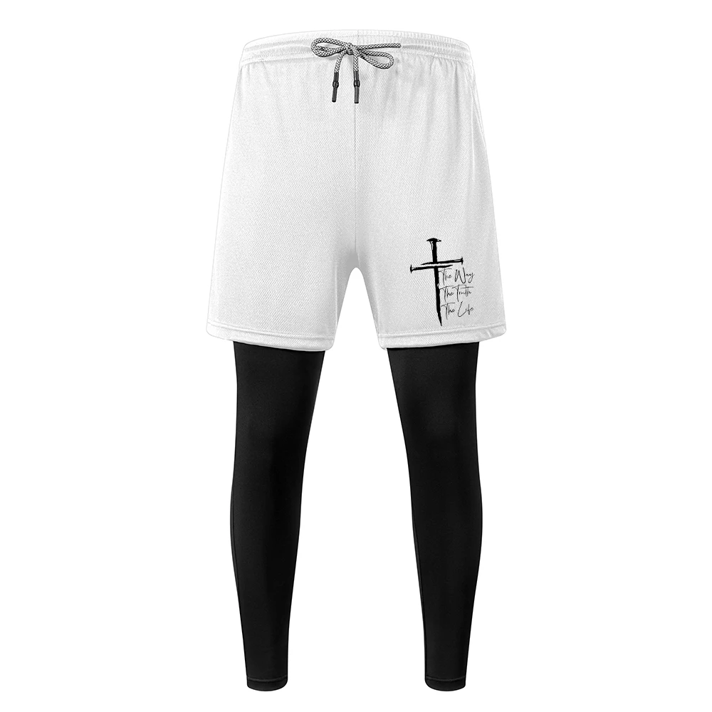 Men's Retro Cross Print 2 In 1 Sports Trousers Elastic Quick Dry Running Training Pants With Inner Phone Pocket And Towel Loop