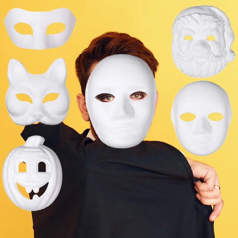 Roleplay Handdrawn White Pulp Mask DIY Adult Christmas Halloween Party Santa Claus Cat Fox Full Face Masks Cosplay Costume Props