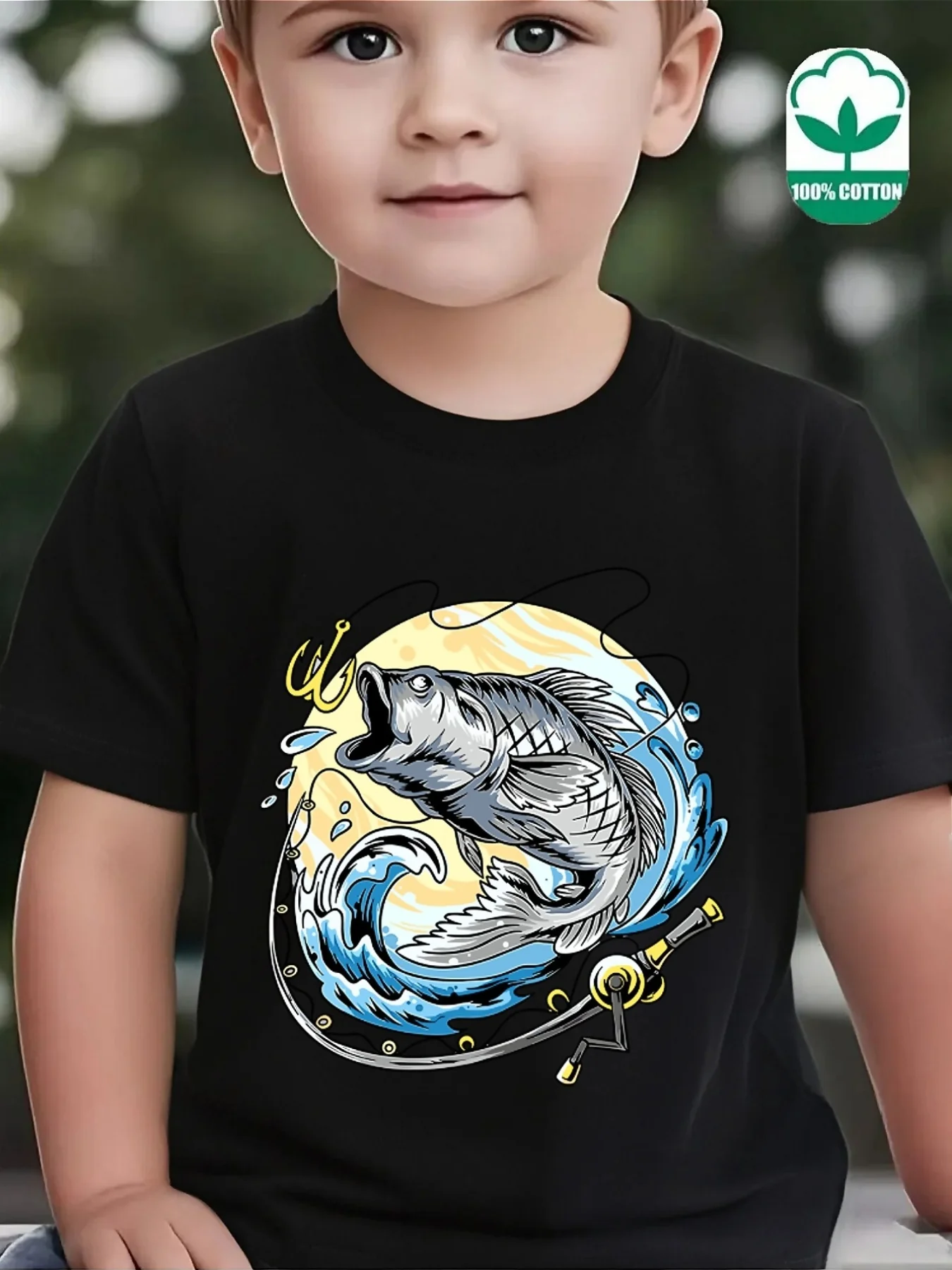 Cute Big Carp Fish Fishing Rod Wave Print Family Matching T Shirt Boys Girls Short Sleeve Parent Child Soft Cotton Casual Tops