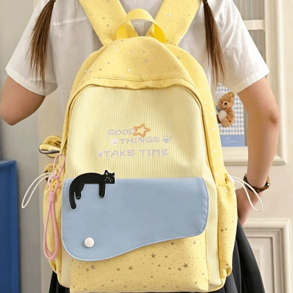 Cute Sweet Cat Star Backpack Multicolored Printed Nylon Rucksack Large Capacity Cute Student School Bag Travel Use