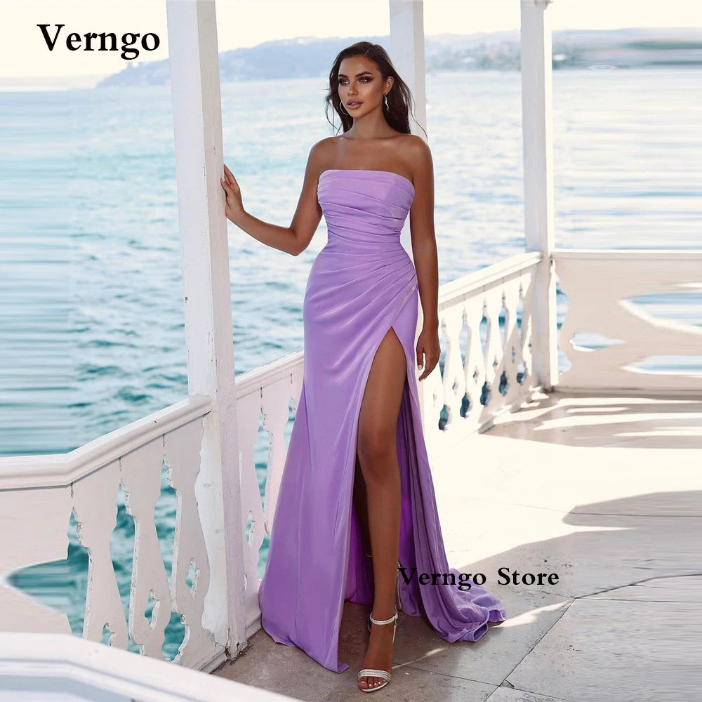 

Verngo Lavender Strapless Silk Satin Long Prom Dresses 2022 Elegant Women Leg Slit Simple Formal Prom Gowns Robe de soiree