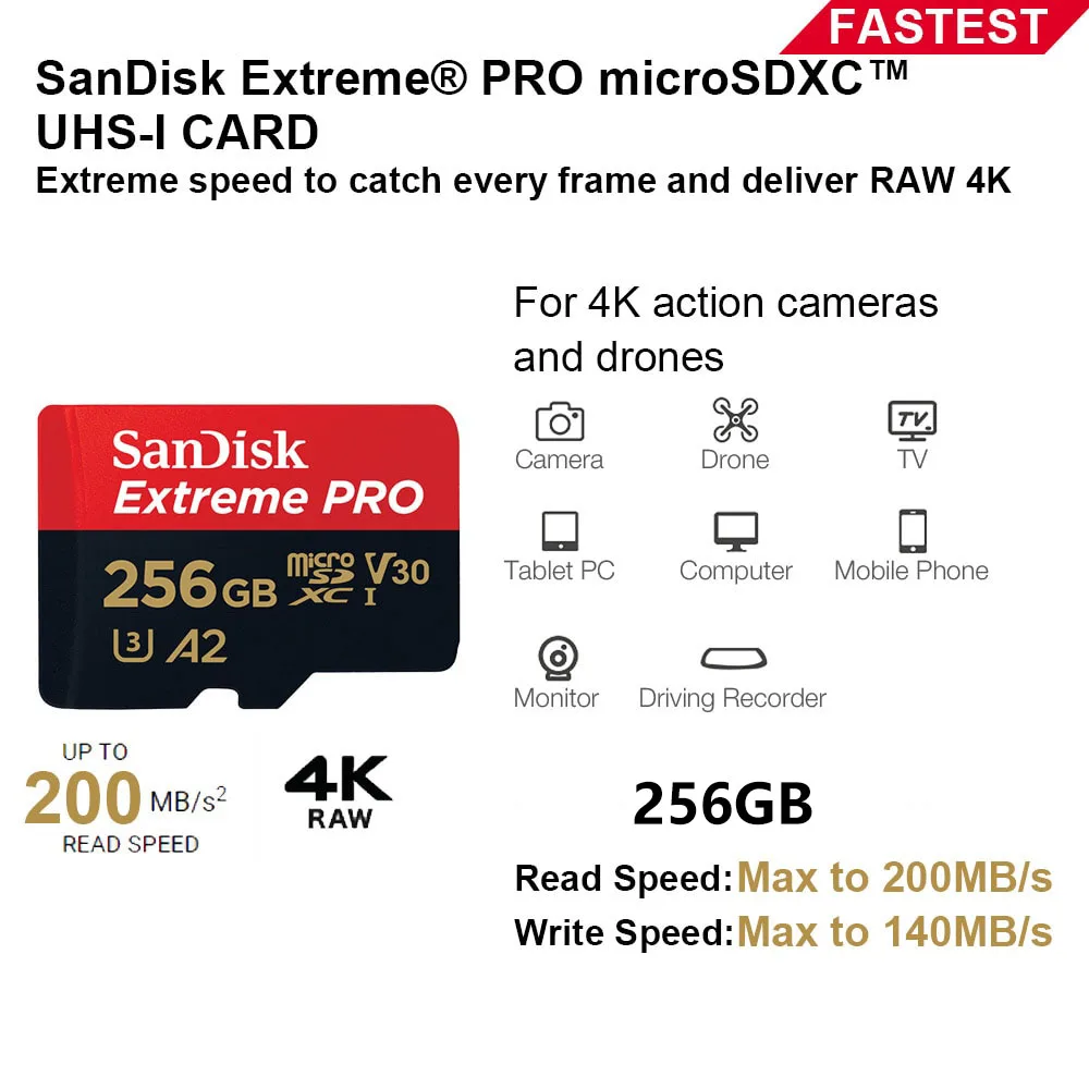 SanDisk Micro SD Card Memory Card Ultra Extreme Pro 128GB 64GB 256GB 512GB 1T SDXC TF per Drone Camera Steam Deck Switch Ally