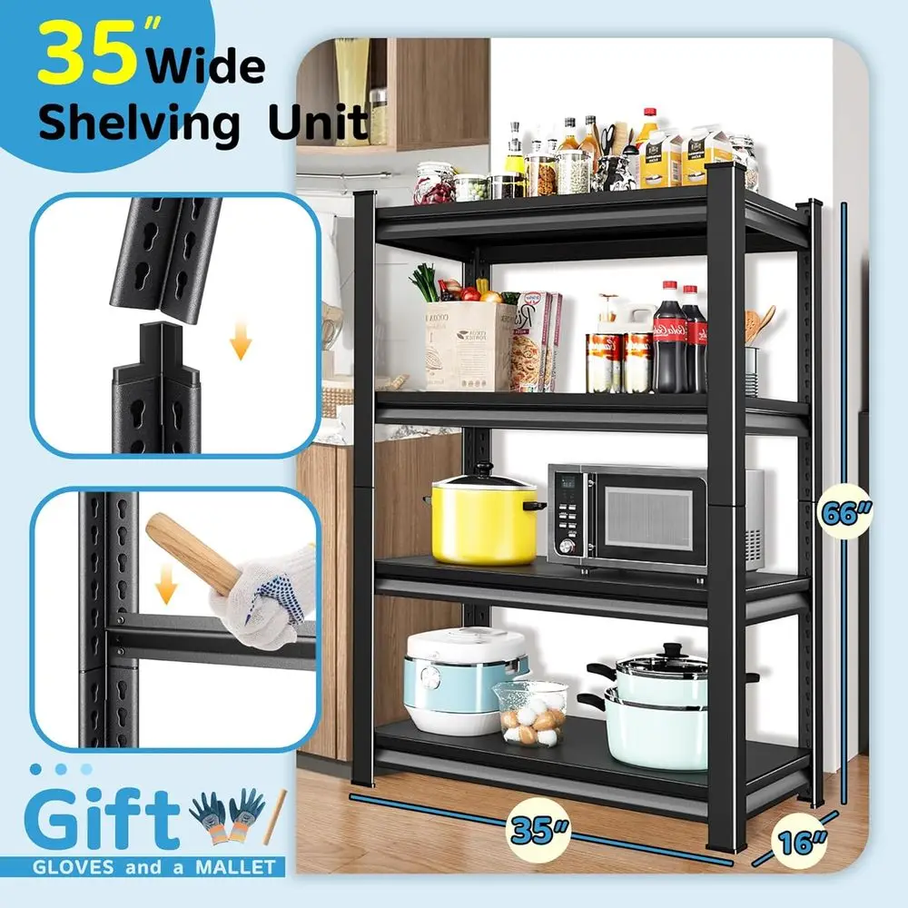 Estantería de acero de 36 niveles de grado industrial, estante de almacenamiento ajustable de 4 niveles, capacidad de 1400 libras, negro