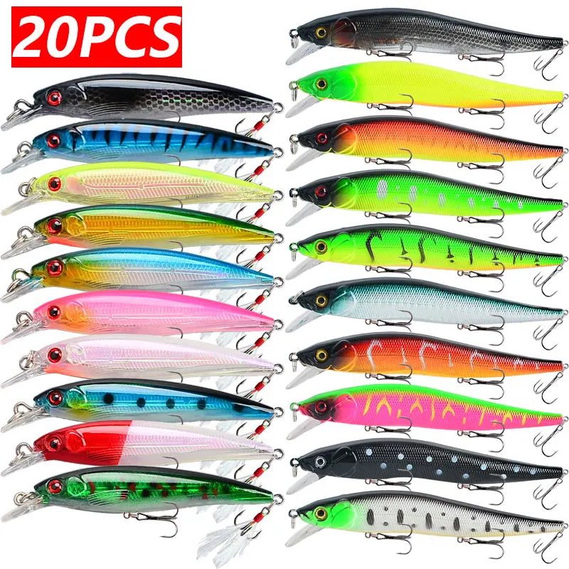 20pcs Vibrant Minnow Fishing Lure Set 3.54inch/0.24oz 4.72inch/0.48oz Realistic Fish Design with Sharp Hooks Fishing Bait