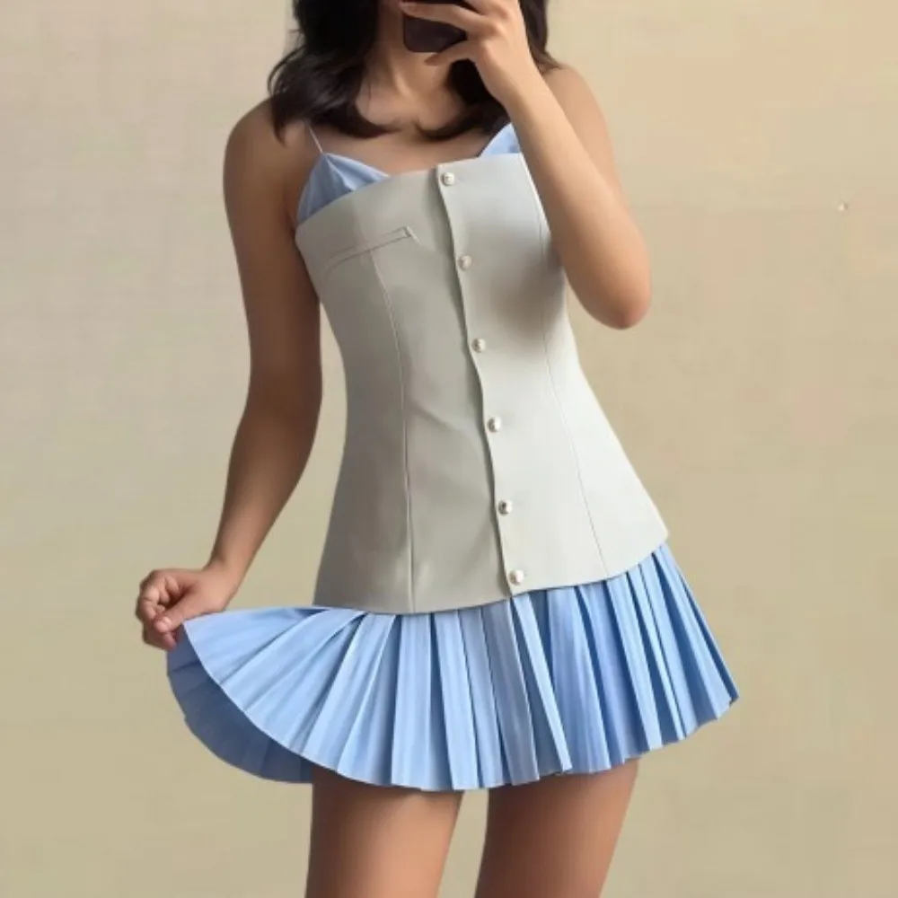 

Striped Sleeveless Dress Patchwork Wide Pleated Blue Color Suspenders Short Skirt Loose Teenagers Adolescent
