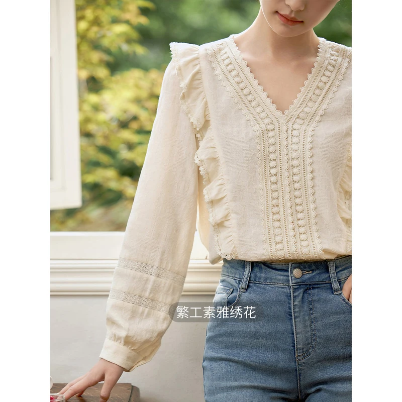 INMAN Women Blouse 2023 Spring Long Bishop Sleeve V Neck Shirts Hollow Lace Panel Design Flounces Pure Cotton Apricot Tops