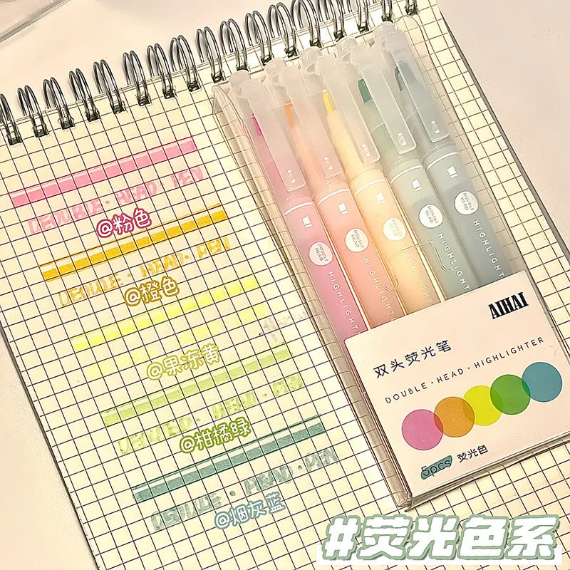 5PCS Double Unique Window Tip Highlighter Pen Pastel Markers Art Color Highlighter key marking School Stationery Supplies