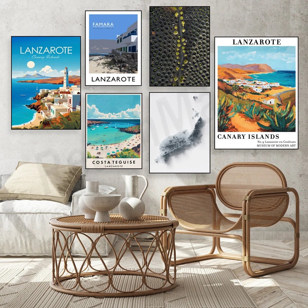 Lanzarote, Spain, Timanfaya vineyards, Famara beach, Canary Islands, Costa Teguise, Lanzarote map travel poster print