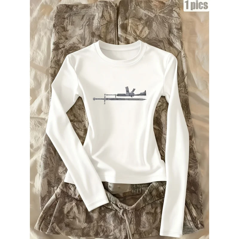 Y2K Black Sword Print Long Sleeve Tee Women Slim Fit Round Neck Cropped Tops