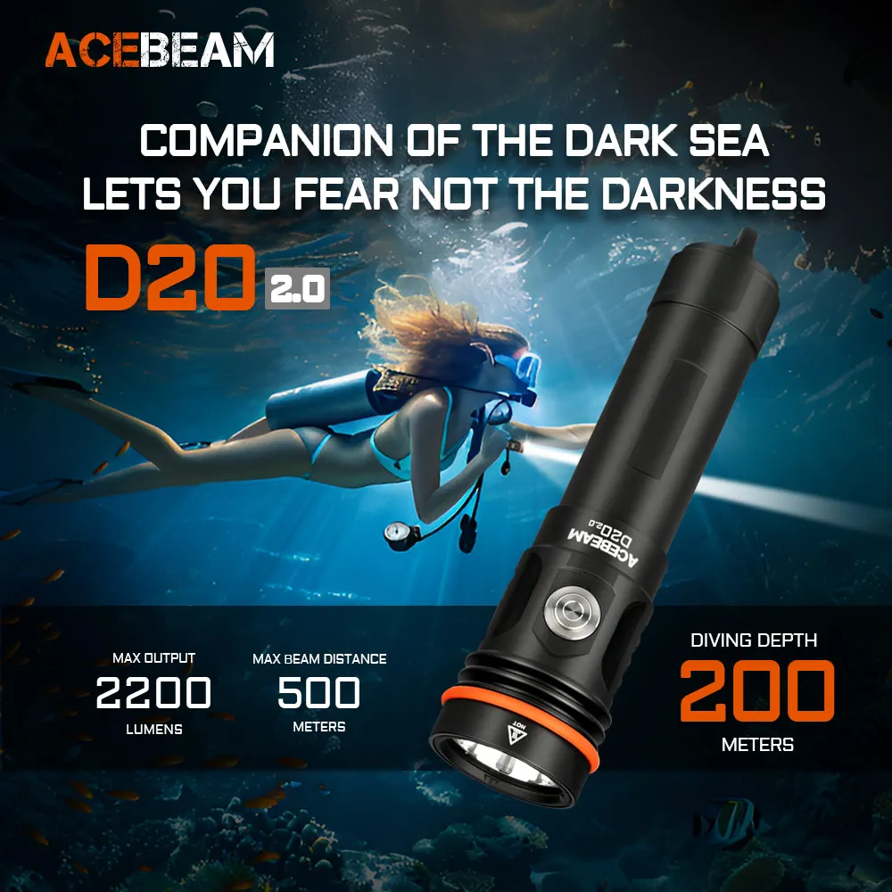 ACEBEAM Diving Flashlight D20 2.0 2200 Lumen 500 Meter Beam Distance SFT40 LED Diving Flashlight Depth 200m 21700 Battery