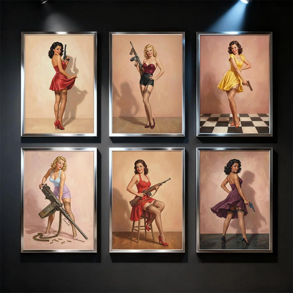 Retro Poster Girl, Sexy Brown-haired Woman, Pistol Wall Decoration, Canvas Painting, Home Room Living Room Decoration Pictures