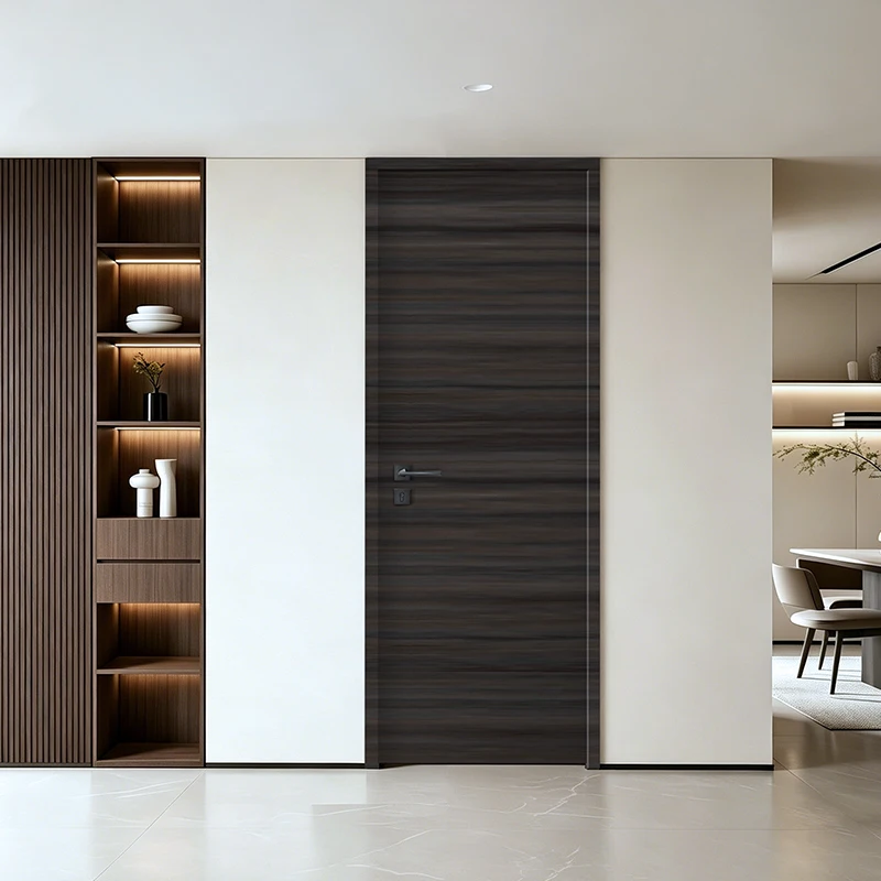 #Dark Horizontal Wood Grain Thin Frame Solid Wood Interior Door Minimalist Soundproof Bedroom Door Custom for Modern House