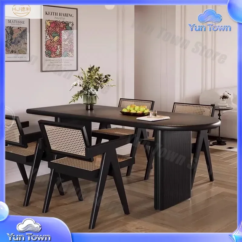 Oval Solid Wood Dining Table and Chair Set for Small Apartments Rectangular Island Dining Table with Integrated Oval Design