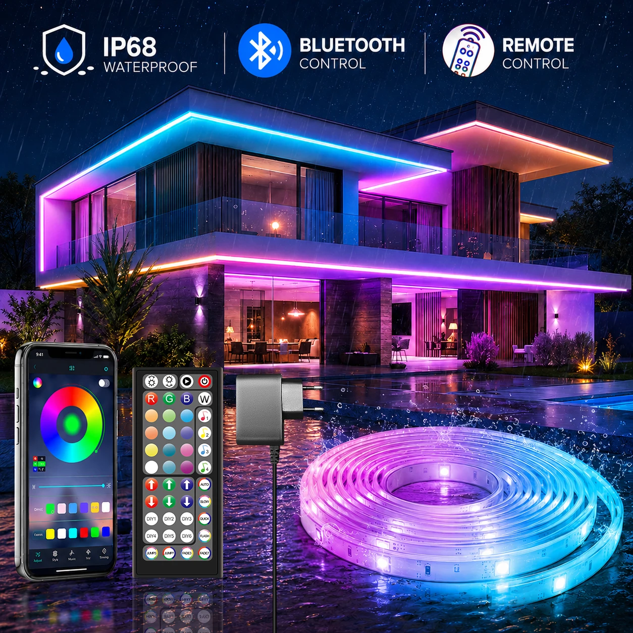 Outdoor Waterproof LED Strip Lights,Music Sync RGB IP68 Led Lights with App and Remote, RGB Light Strip for Balcony,Roof,Garden