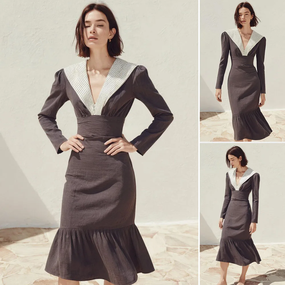 فساتين Mia Muse Boutique للصيف والخريف K-Fashion أنيقة بألوان متباينة وأكمام طويلة ورقبة على شكل حرف V فساتين طويلة متوسطة الطول للنساء