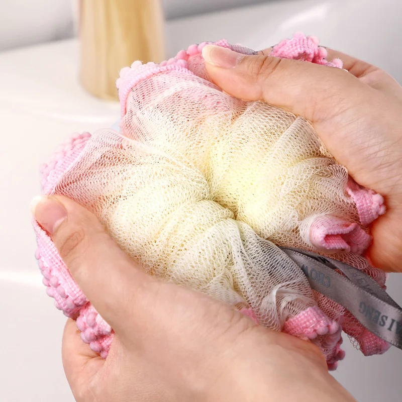 อุปกรณ์อาบน้ำอาบน้ำฟองทำความสะอาดผิวสำหรับขัดผิวผ้านุ่มมีฟองน้ำขัดผิวด้านหลังเป็นลูกบอลลายดอกไม้ mandi Bola ลูกไม้