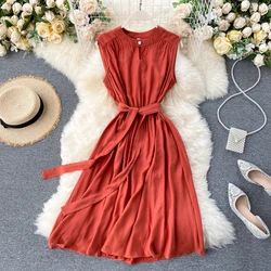 YuooMuoo Korean Fashion Women Dress 2025 Summer Casual Solid Sleeveless Sash Bandage Black Dress Vintage Elegant Lady Vestidos