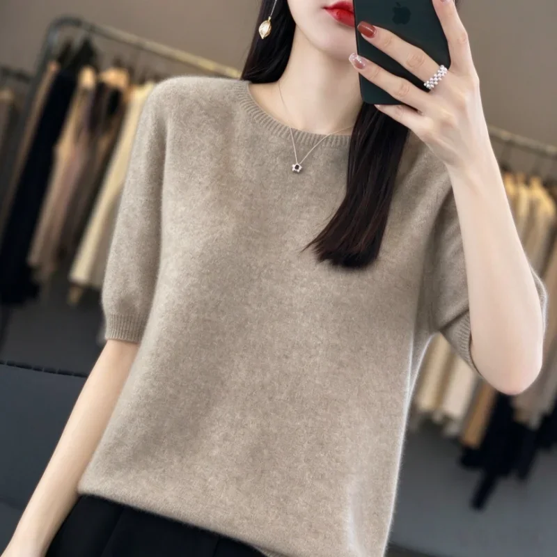 Women's O-neck Pullover Autumn Winter Trend Short Sleeve Knitwear Sweater Jumper Korean Solid Color Soft Warm T-shirt Basic Tops