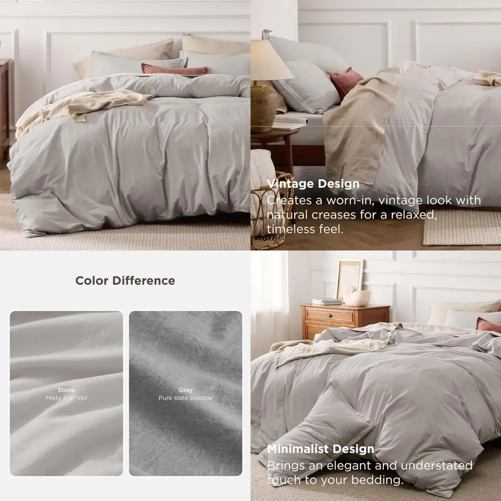 

100% Cotton Stone Washed Duvet Cover King Size - Minimalist Linen-Like All-Season Bedding for Gentle Sleep
