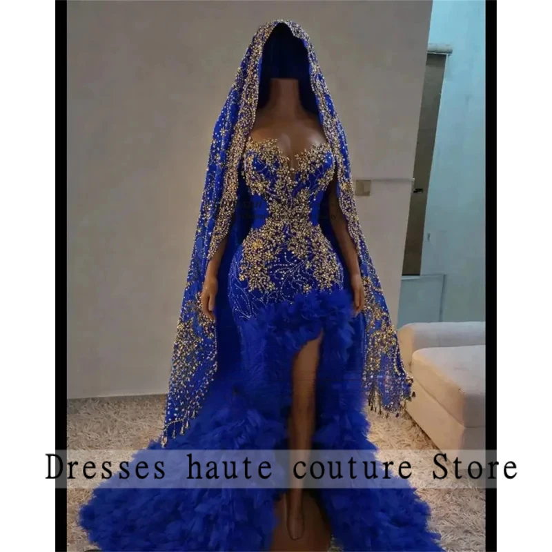 Glitter Diamond Crystal Mermaid Prom Dress Customized Aso Ebi Robes De Soiree Black Girls Sexy Ruffles Slit Wedding Party Gown