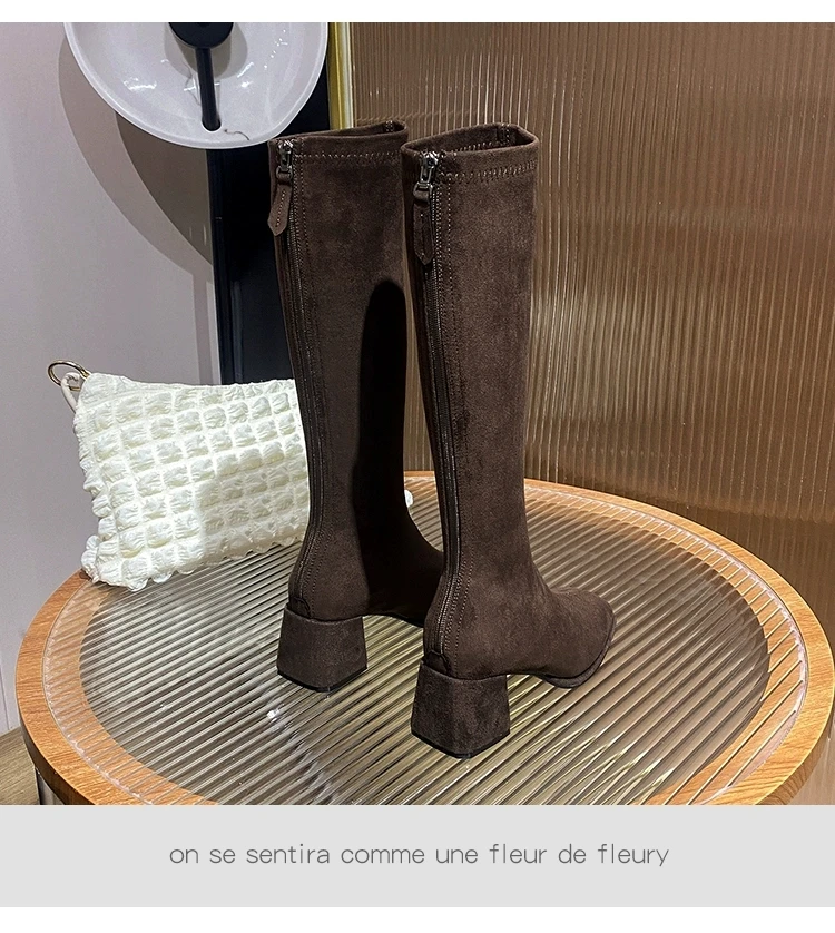 2026 New Versatile Knee-High Women's Suede Stretch Boots, Low Heel, Square Toe Long Boots