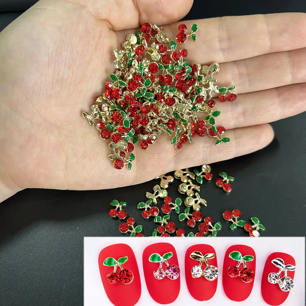 20 pçs/saco cereja aolly encantos de unhas vermelho/rosa strass cereja arte do prego gemas de cristal metal brilhante zircão cereja decoração da arte do prego & y