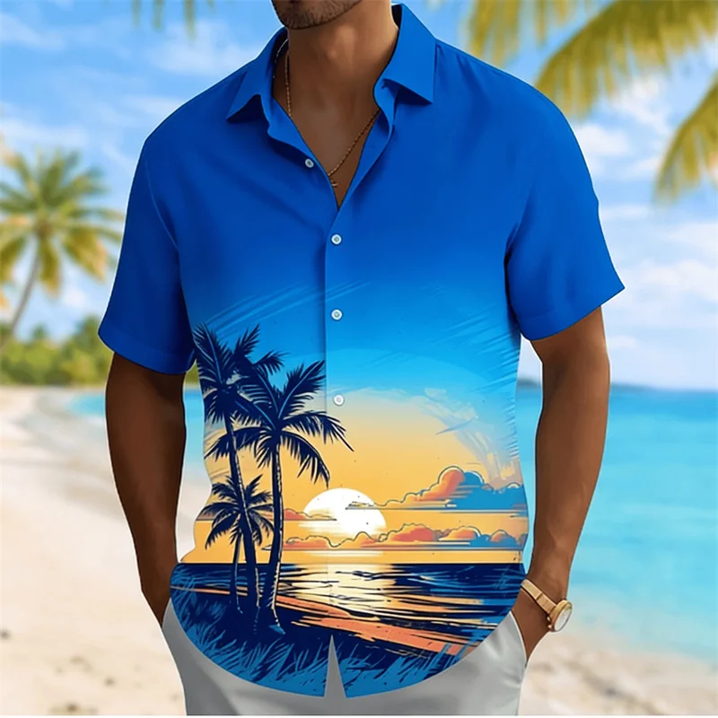 Men's vacation-style short-sleeved shirt with ocean print, featuring a coconut tree and sunset design for a casual beach look.