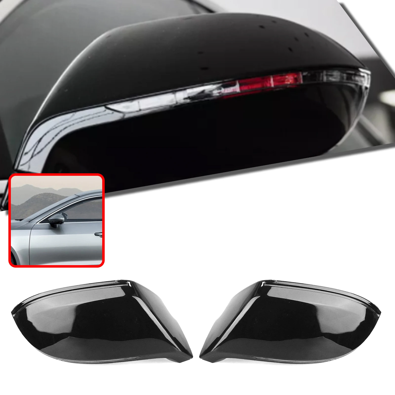 Exterior Side Rearview Mirror Cover Gloss Black Rear View Cap Shell Replacement Clip On Type For Audi A7 S7 RS7 2010-2018