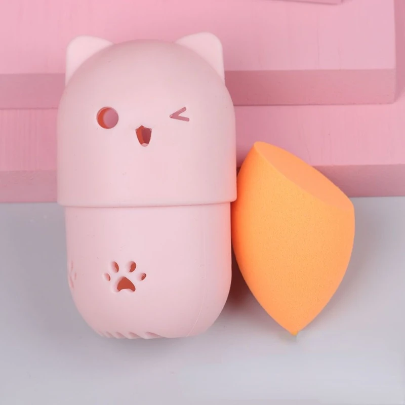 Pink Cute Cat Soft Silicone Cosmetic Sponge Box Holder with Beauty Eggs Portable Powder Puffs Holder Sponge Make Up Drying Cases