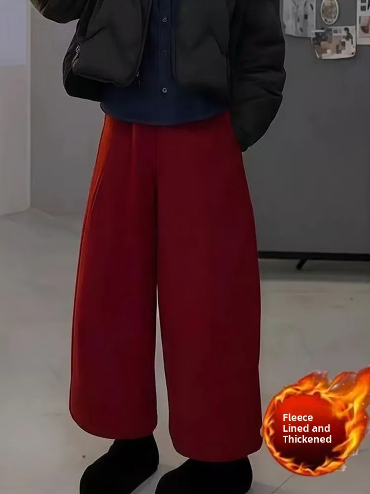 Rode Fce Gevoerde Verstewol Wijde Pijpen Broek Dames Winter Nieuwe Sle Hoge Taille Rechte Cut Loose Fit Pendelen Faion
