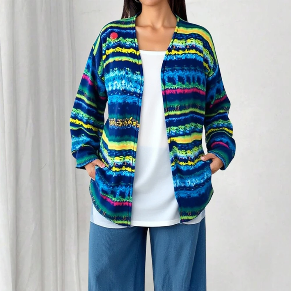 

Women's Longline Cardigans 2025 Fall Winter Essential Colorful Stripes Pattern Long Sleeve Front Button Cardigans