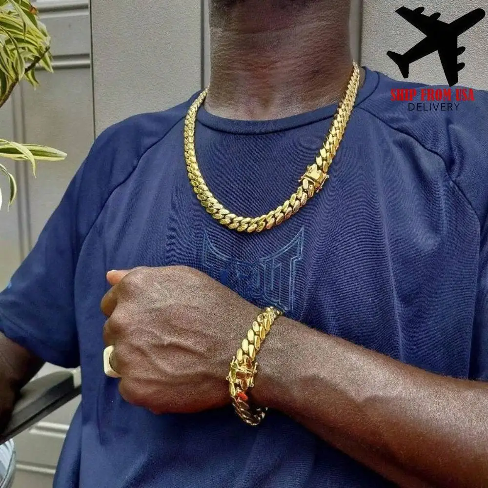14mm Stainless Steel Miami Cuban Link Necklace - 14K Gold Plated, Copper Clasps, Solid, Adjustable 16
