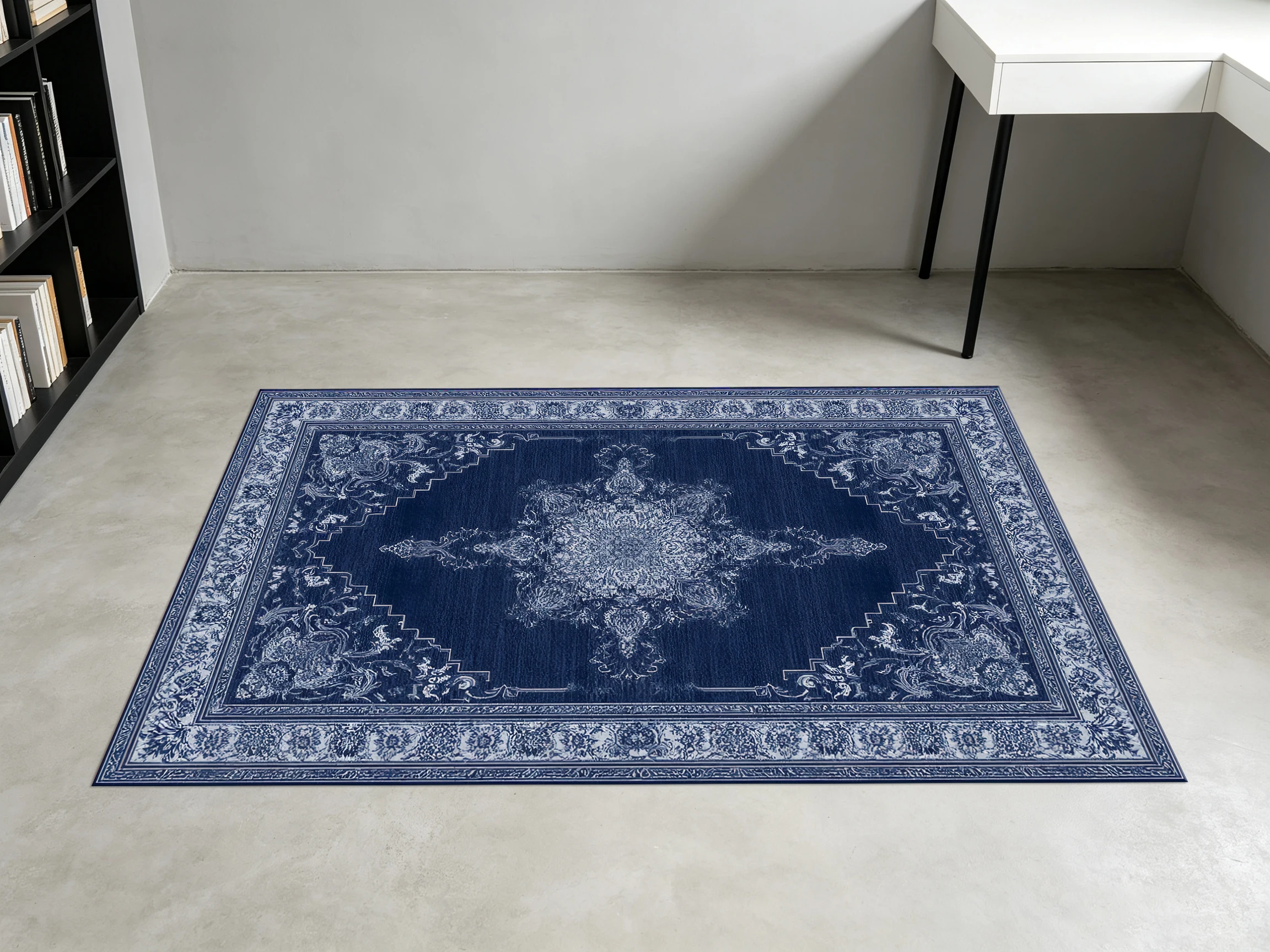 Dark Blue Vintage Persian-Style Area Rug, Elegant Central Pattern with Delicate Border, Cozy Autumn Winter Mat for Living Room Bedroom Home Decor