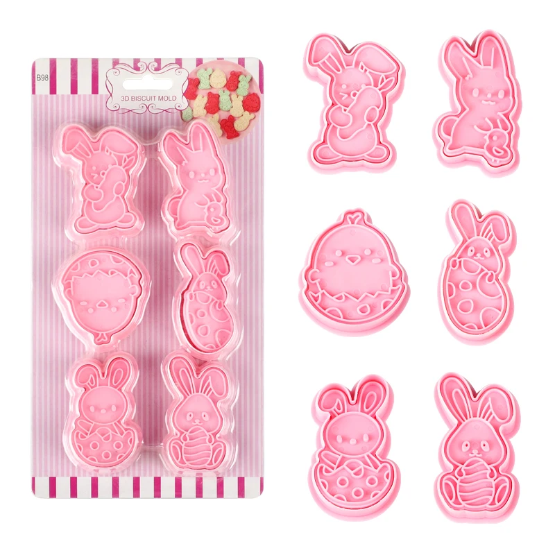 6Pcs Easter Egg Plastic Cookies Cutter 3D Cartoon Rabbit Chick Biscuits Fondant Mould Easter Party Cakes Decoration Baking Tools