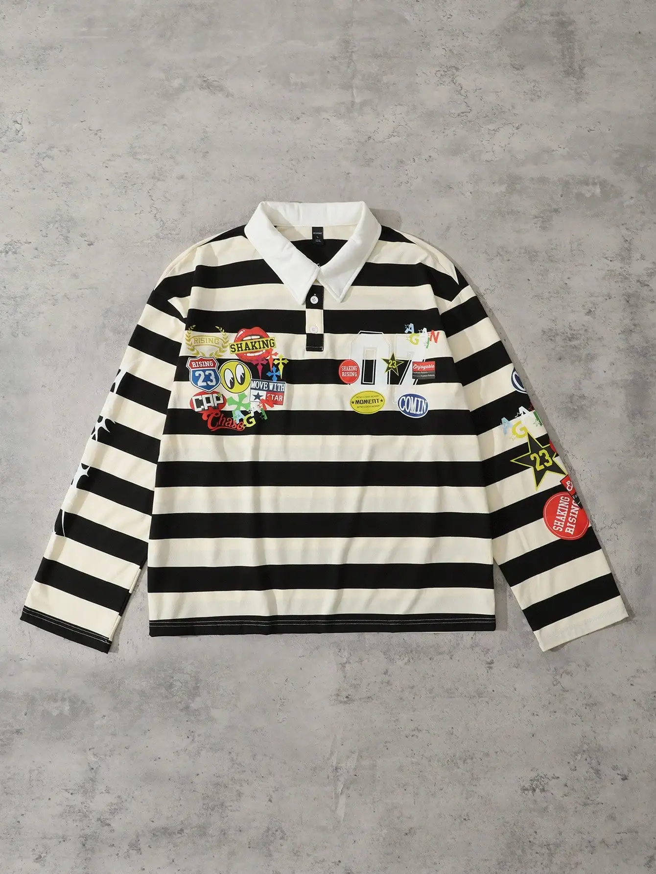 

Мужская поло-рубашка с длинным рукавом в полоску с графическими нашивками, свободного кроя, для осени