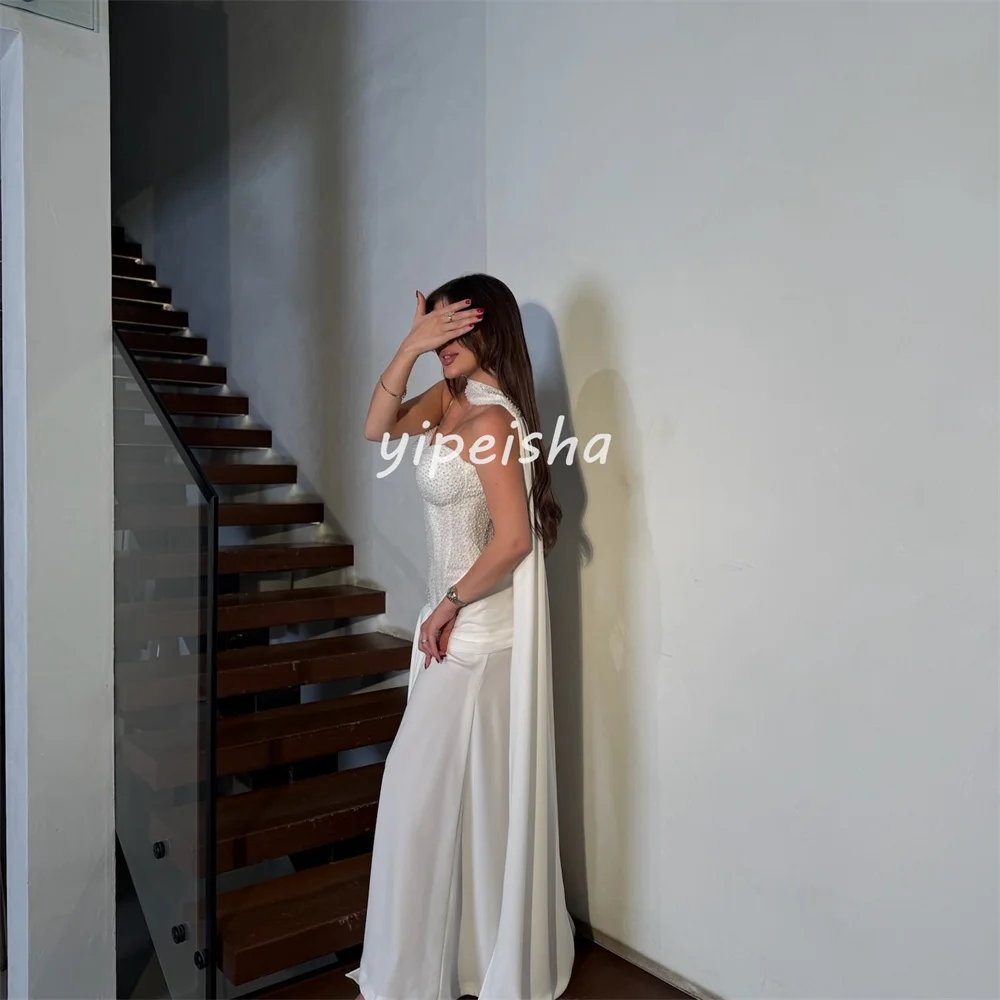 맞춤형 매칭 섹시한 저지 플리츠 주름 장식 비즈 장식 스팽글 장식 A라인 스트랩리스 롱 드레스 맞춤형 행사 드레스 정교한