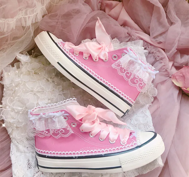 اليابانية الأصلية الوردي لوليتا حذاء قماش الحلو لطيف القوس حزام الدانتيل حافة حذاء كاجوال تنوعا عالية الجودة أحذية يوميا الخروج #5