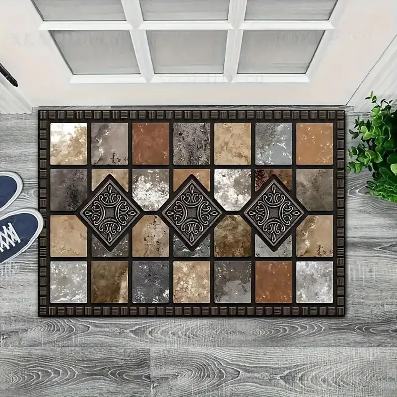 VIKAMA Welcome Doormat Vintage Carved Floral Tile Pattern Anti‑Slip Rubber Mat for Front Door Porch Entryway Home Decor