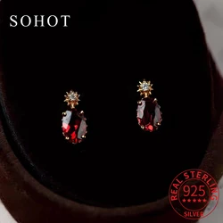 Real 925 Sterling Silver Red Oval Zircon Stud Earrings for Trendy Women Light Luxury Fine Jewelry Minimalist Vintage Accessories