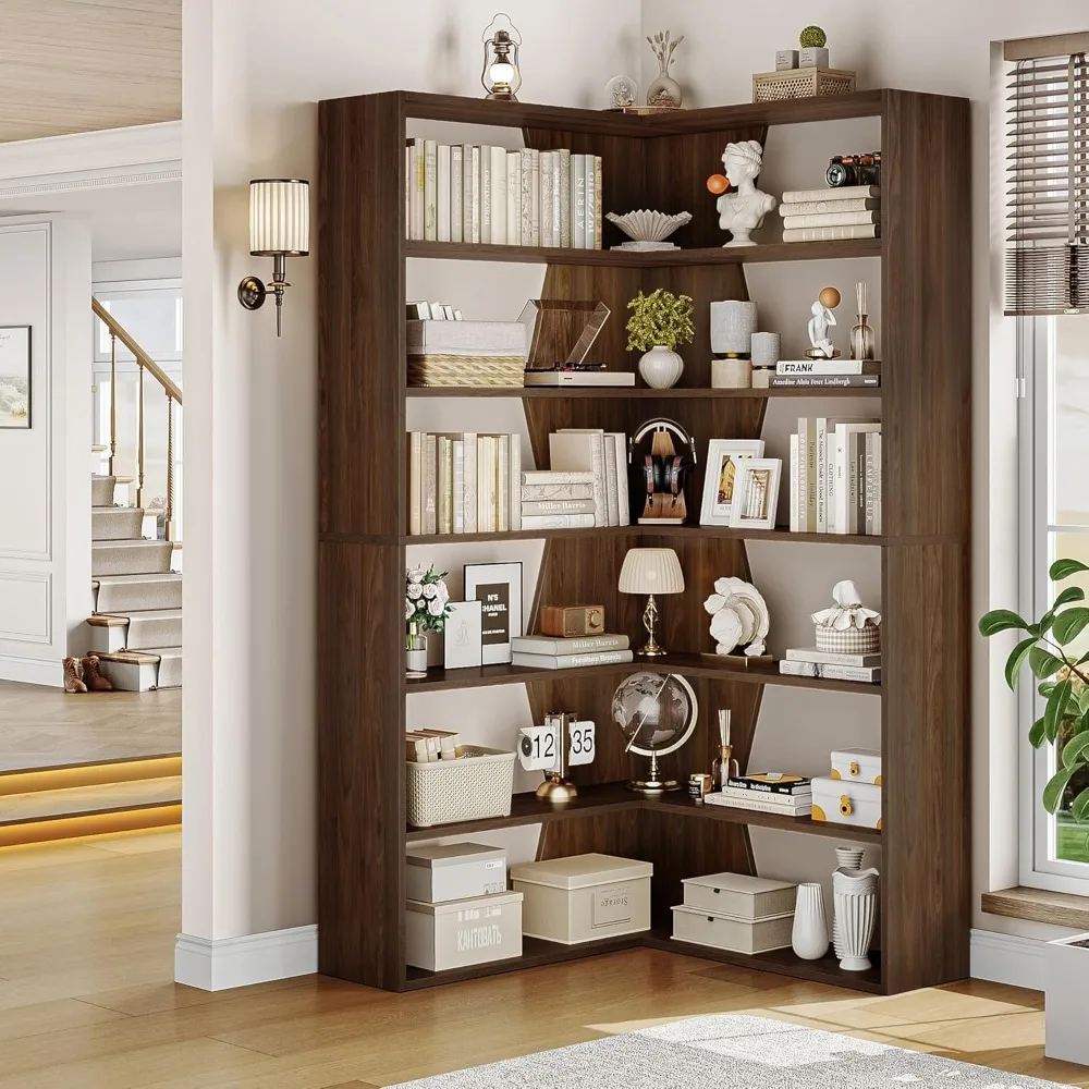 "6-Tier Modern Corner Bookshelf with Open Display Storage for Libraries and Home Offices"
