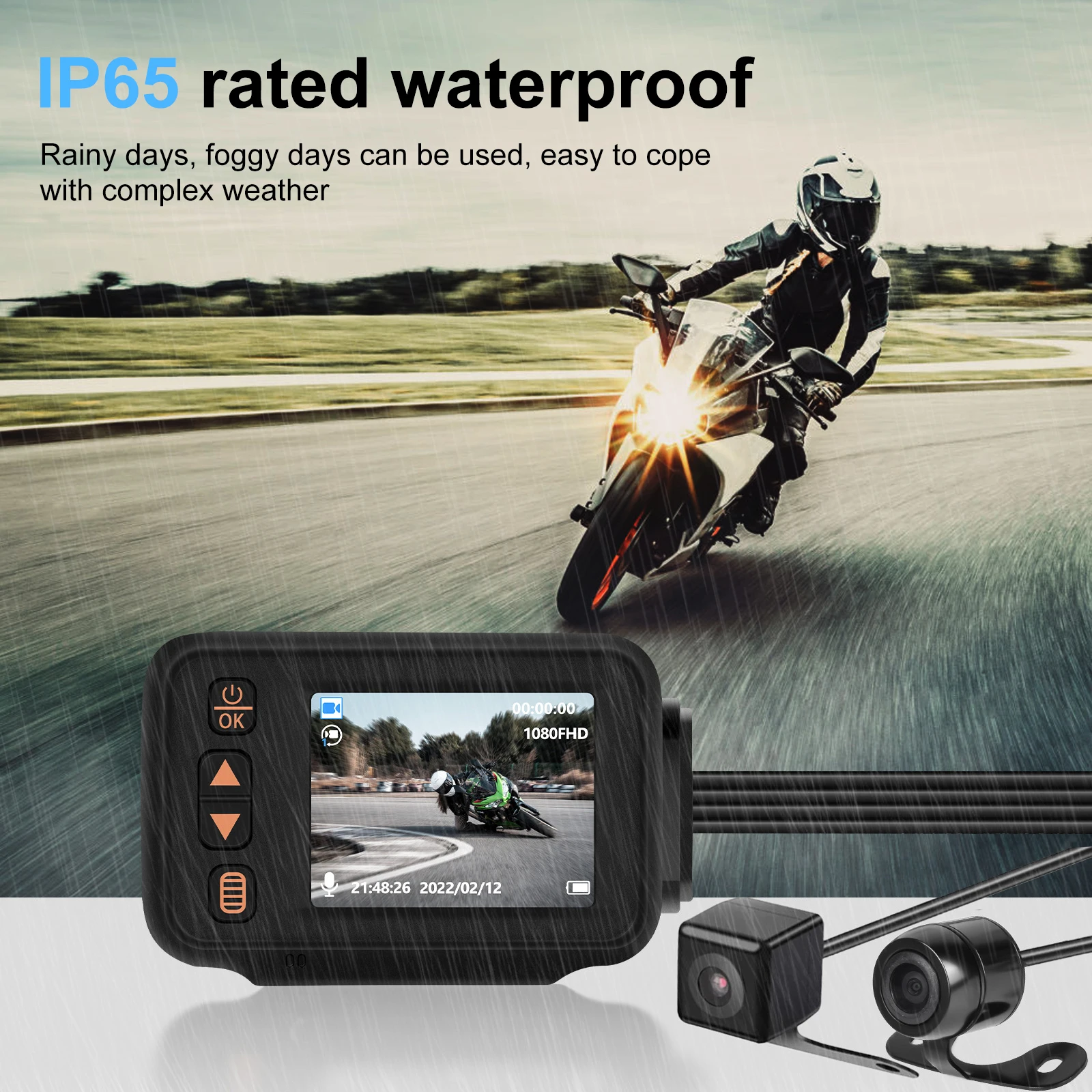 Motorcycle Driving Video Recorder 2.0 Inch Screen with 1080P+720P Cameras Built-In Gps Support Loop Video Parking Monitoring