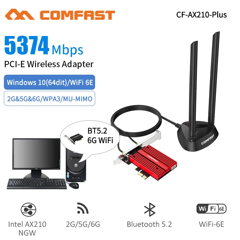 

Для компьютера WIFI 6E PCI-EWireless Wifi адаптер Tri Band 5374 Мбит/с 2,4G/5Ghz/6G 11AX Bluetooth 5,2 AX210NGW Wi-Fi адаптер для карт