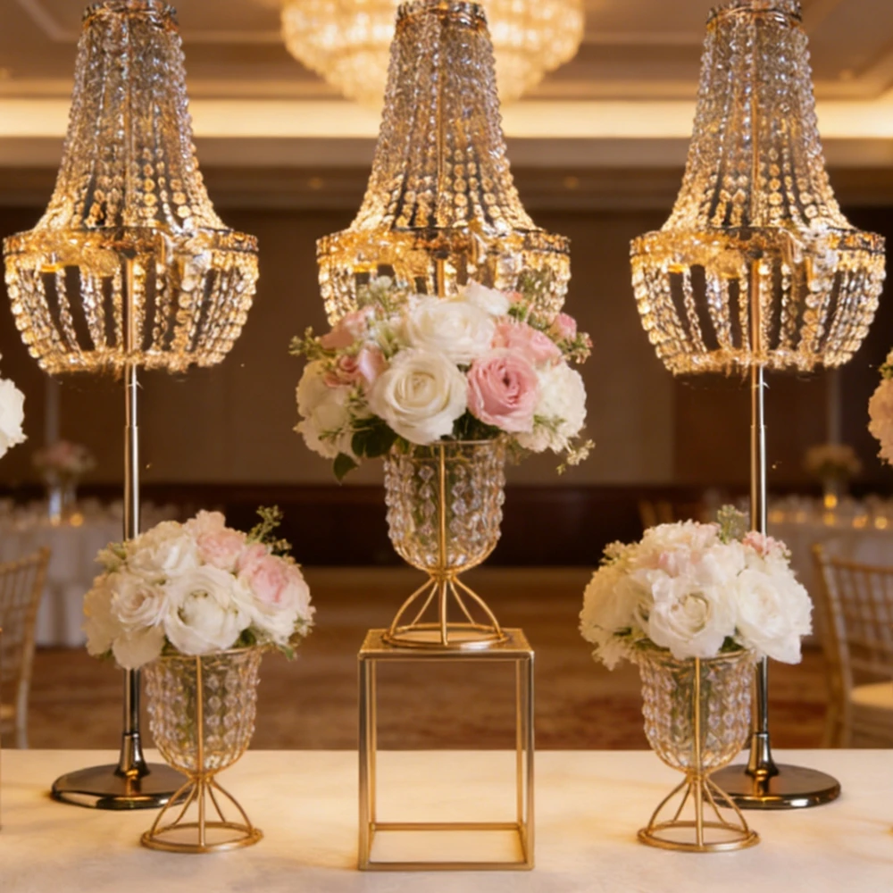 

110cm)5/6pcs-10pcs)wedding light Table Centerpiece Silver Gold Metal Crystal Acrylic Flower Stand Party Wedding Centerpiece