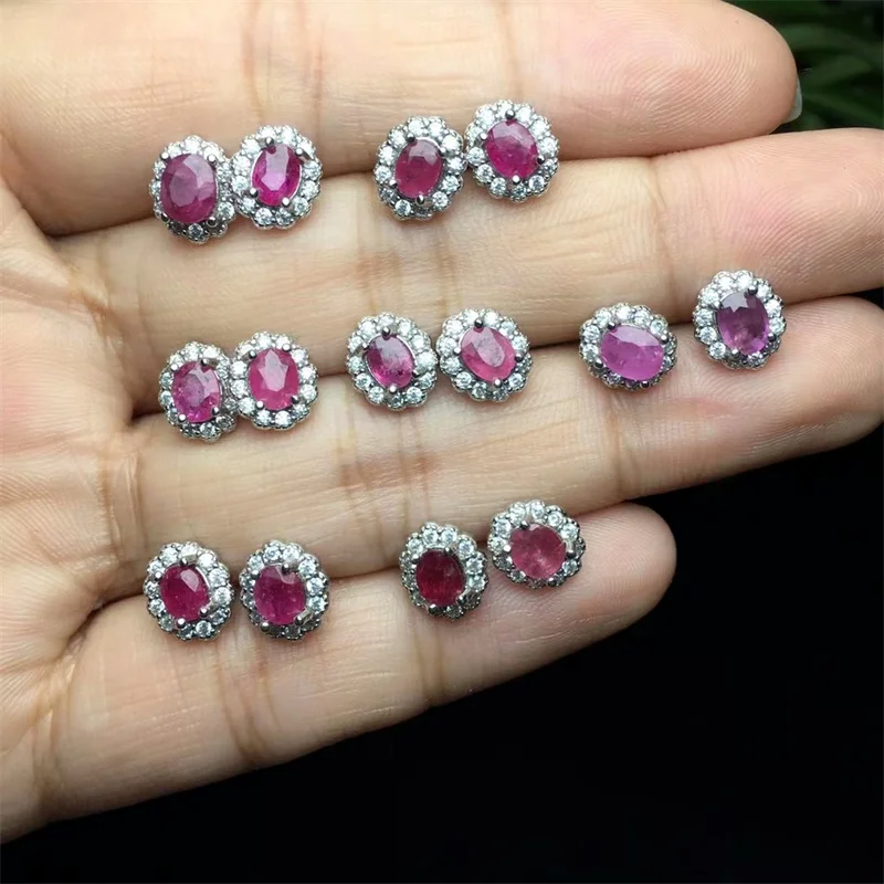 

Sterling Silver Natural Ruby Delicate Simple Paved Ear Stud Earrings Fashion Crystal Hypoallergenic For Women Gift 1pair