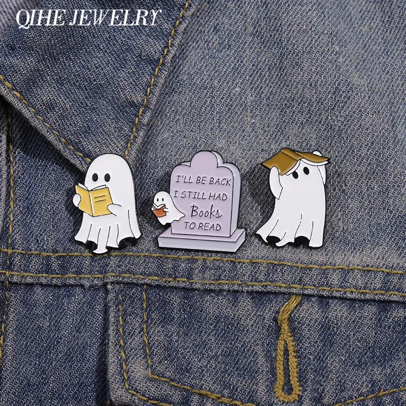 Cartoon Boo Ghost Love Reading Enamel Pins I'll Be Back I Still Had Books To Read Brooches Lapel Badge Funny Accessories Gifts